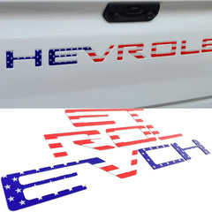 Auto safety front view of tailgate letters showing flush fit and clear American flag accents