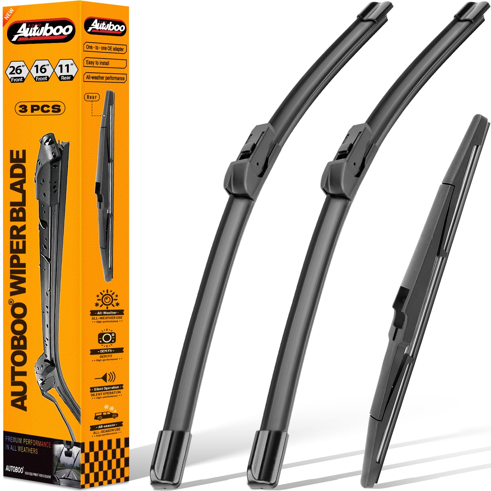 AUTOBOO front packaging showing full three-blade replacement set benefits