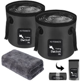 AUTODECO front view of two black collapsible buckets showing portability and included towel