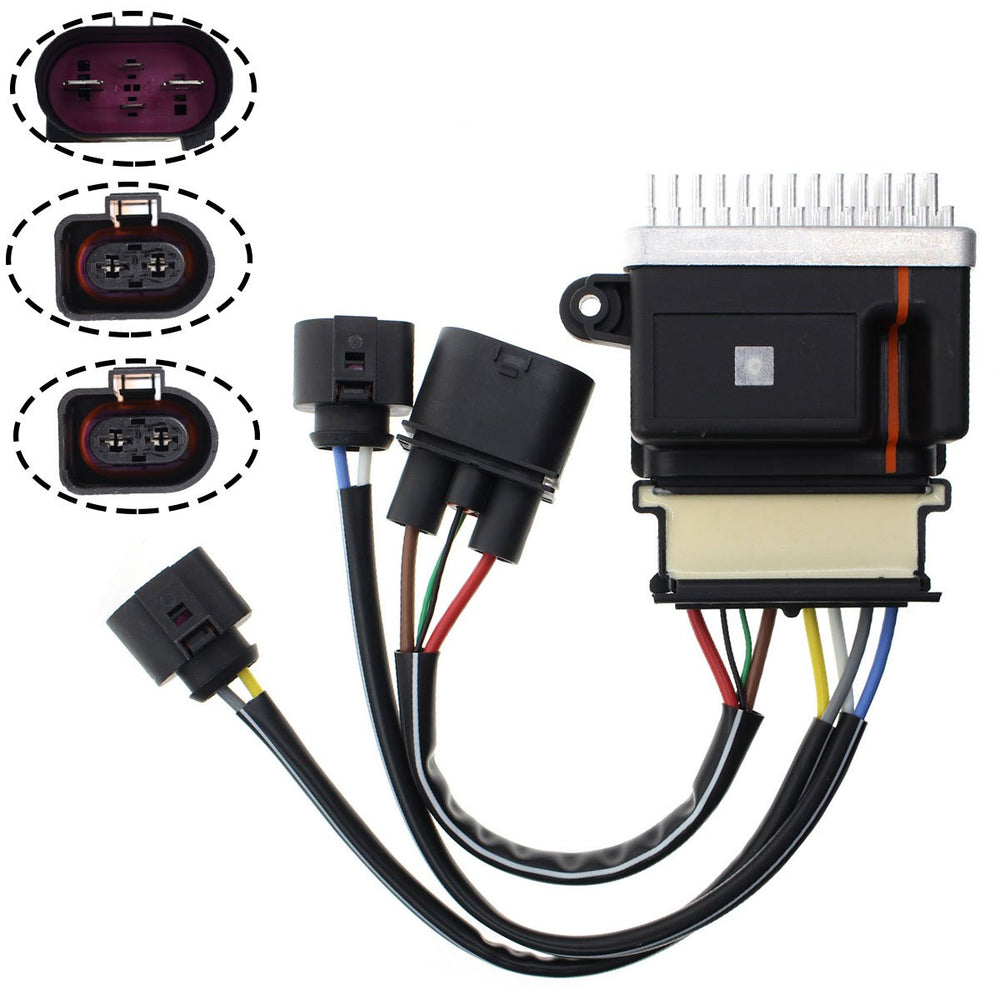 AUTOKAY front view of cooling fan module showing fit for Audi and easy replacement benefit