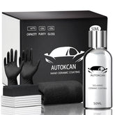 Autokcan bottle front view showing label and included gloves for safe application