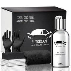 Autokcan bottle front view showing label and included gloves for safe application