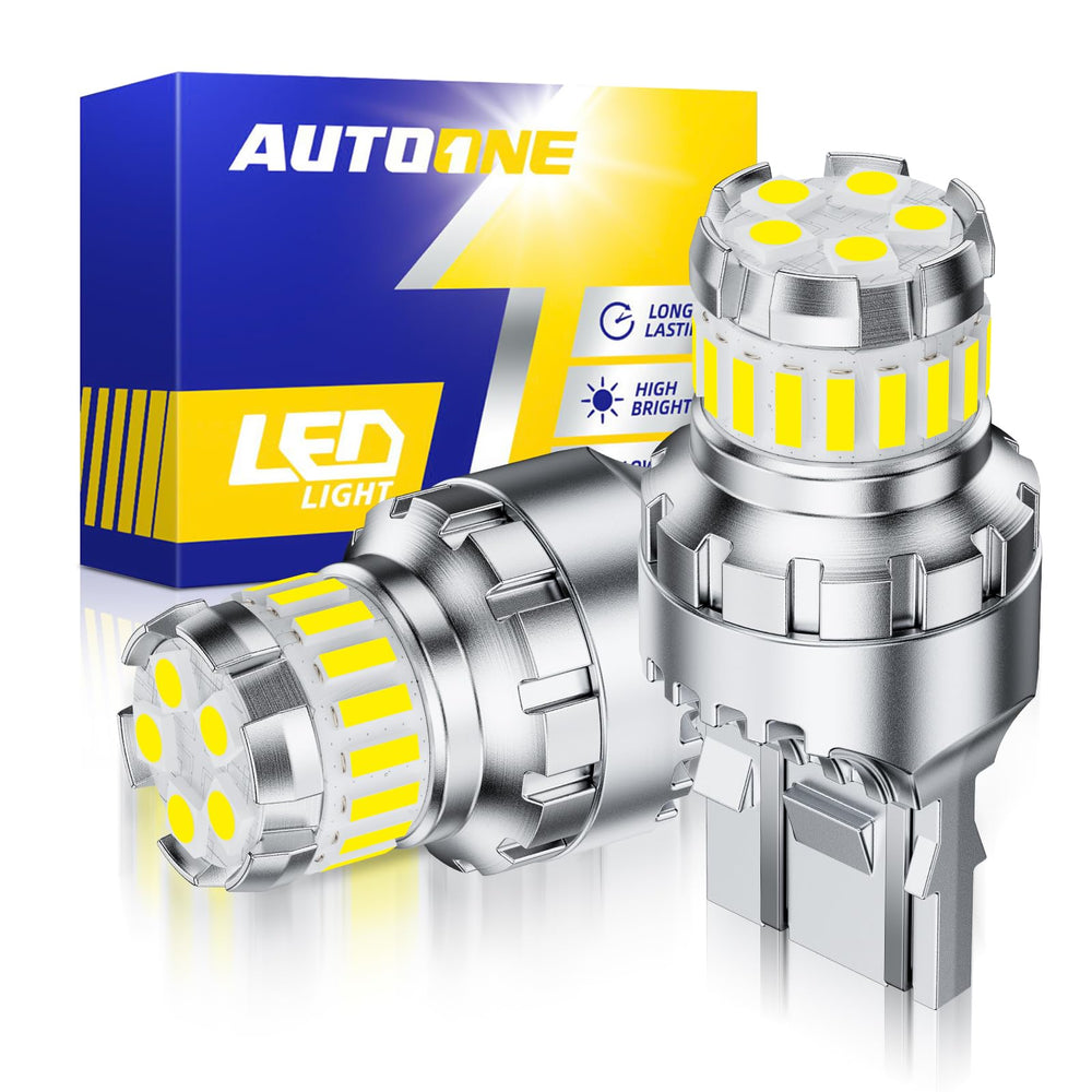 AUTOONE 7443 front view showing compact T20 LED and bright output benefit