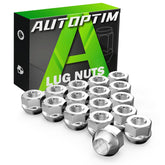 AUTOPTIM front packaging showing 16 chrome lug nuts and clear fitment info, durable finish benefit