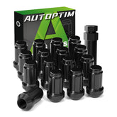 AUTOPTIM front view packaged set showing 16 black lug nuts and socket key for easy replacement