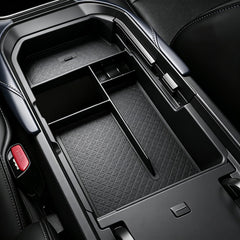 Autorder front view of armrest organizer showing neat fit and easy access