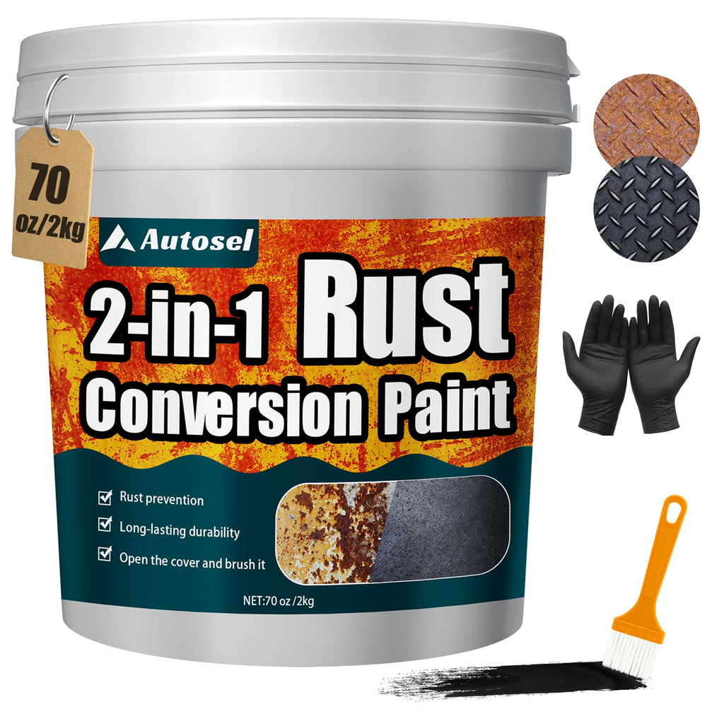 Autosel front container showing 70.5 oz black rust converter and primer with clear branding and size
