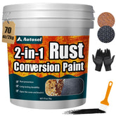 Autosel front container showing 70.5 oz black rust converter and primer with clear branding and size