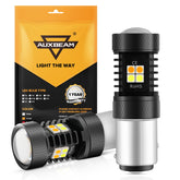 Auxbeam 1157 front packaging showing bulb pair and dual-color benefit