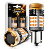 Auxbeam B21 front view showing amber LED bulb and plug benefit brighter signals