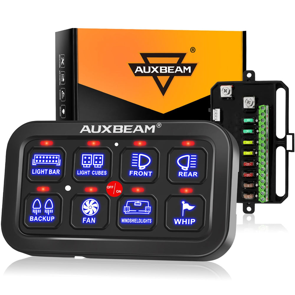 Auxbeam BA80 front panel showing switches and icons for intuitive control and quick access