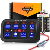 Auxbeam BB80 front panel showing eight switches and clear labeling for organized control
