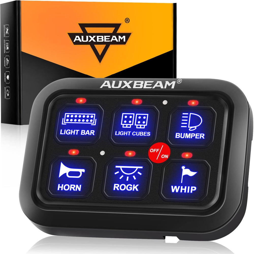 Auxbeam BC60 front panel blue showing six touch switches and clear layout for organized control