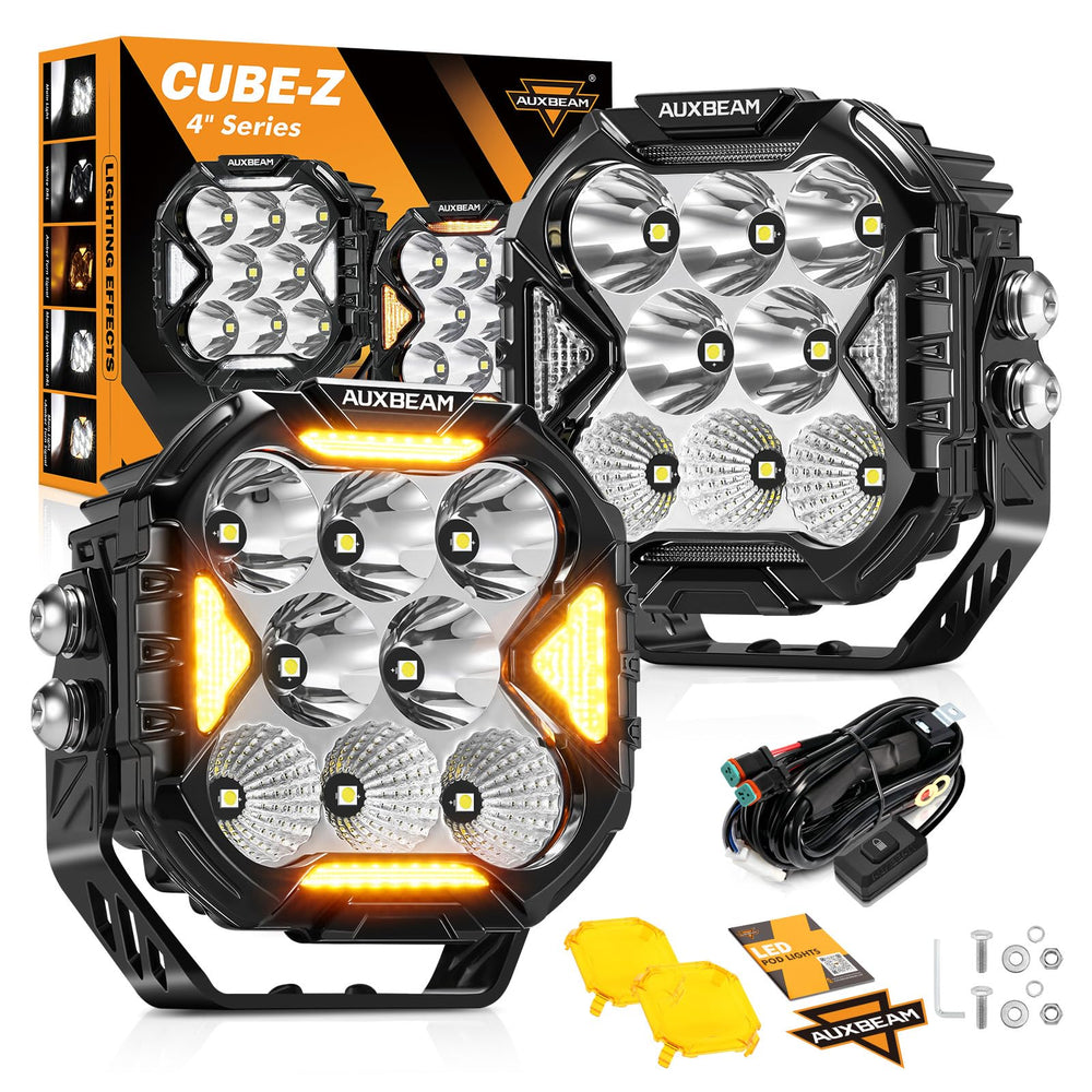Auxbeam Cube‑Z front view showing compact pod and lens delivering bright output