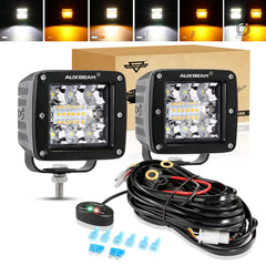 Auxbeam front face cube light showing compact profile and bright output