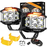 Auxbeam front view of cube pod showing bright focused beam and compact size