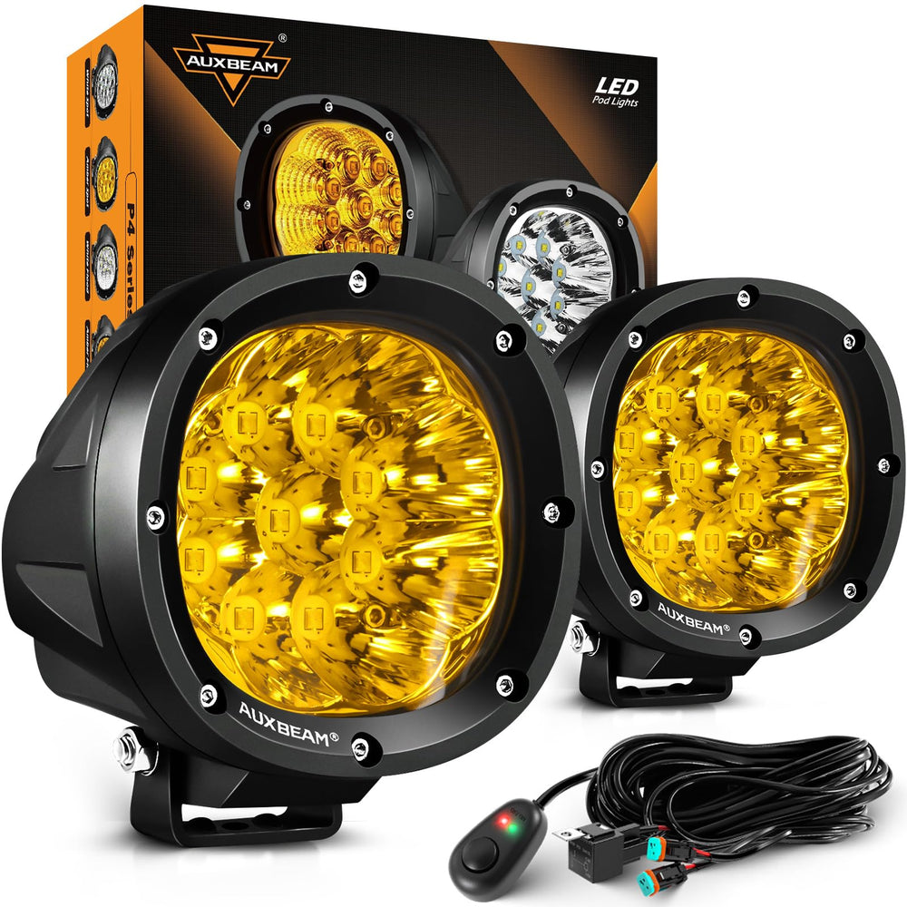 Auxbeam P4 front view showing round amber lens and compact housing, improves visibility