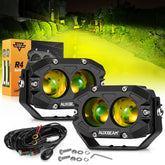 Auxbeam R4 front face showing amber lens and focused spot benefit