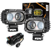 Auxbeam front view of square pod light showing powerful focused beam for visibility
