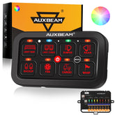 Auxbeam RA80 front panel view showing eight labeled switches and clear controls