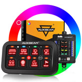 Auxbeam RB80 front panel showing eight labeled switches and RGB backlight for easy access
