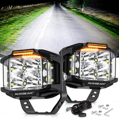 Auxbeam side shooter detail highlighting 270° flood for wide peripheral coverage