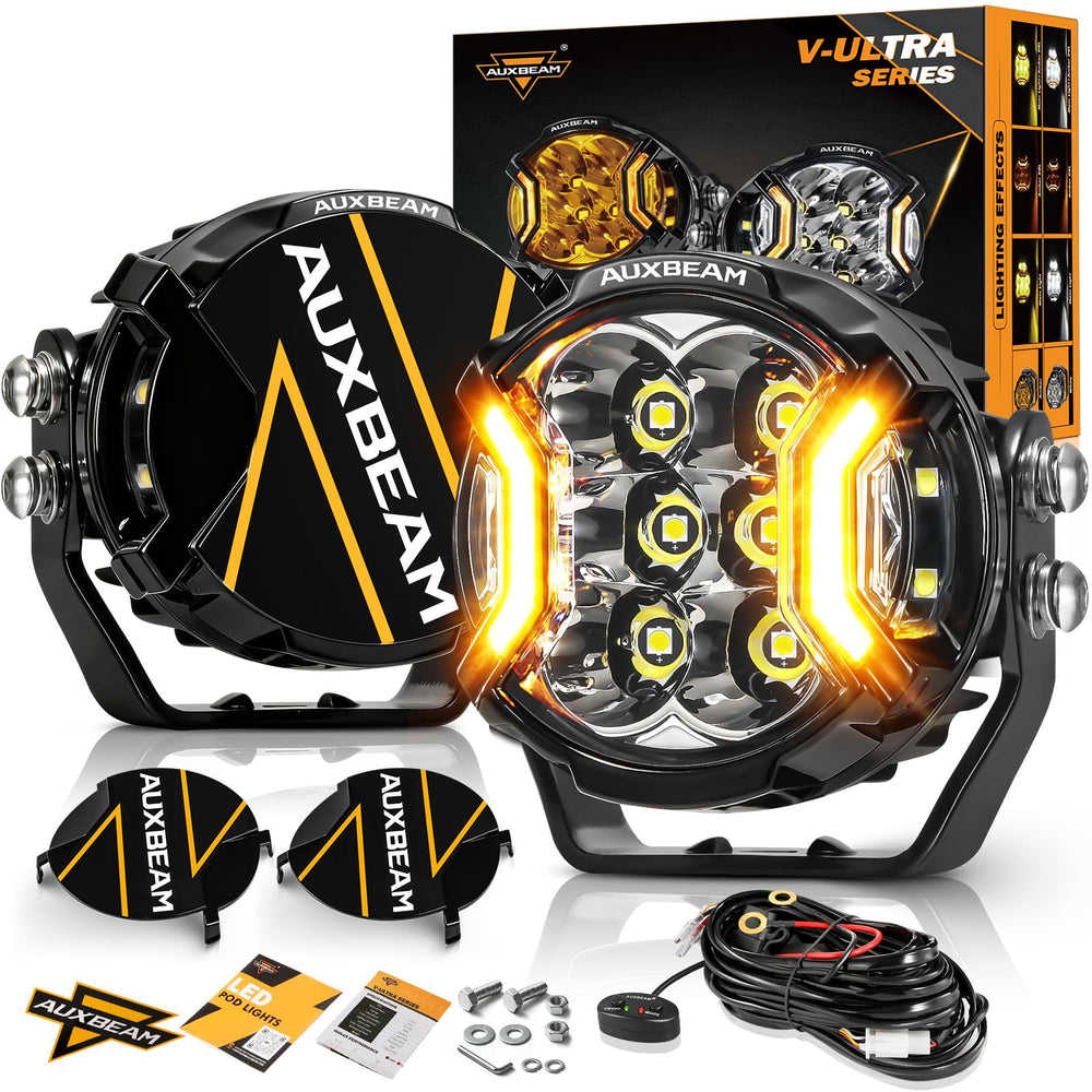 Auxbeam V-Ultra front view showing compact housing and bright beam benefit