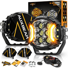 Auxbeam V-Ultra front view showing compact housing and bright beam benefit