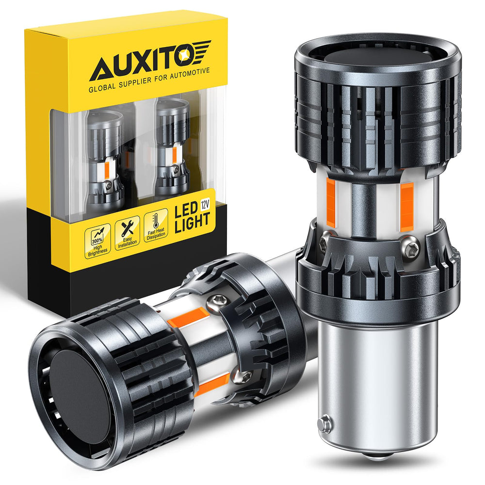 AUXITO front view of two 1156 amber LEDs showing brighter beam