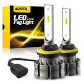 AUXITO front view of two 880 LED fog bulbs showing packaging and bulbs, clear upgrade benefit