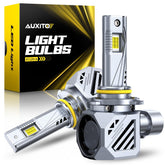 AUXITO 9005 front view showing packaging and two bulbs, highlights quick install benefit