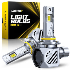 AUXITO 9005 front view showing packaging and two bulbs, highlights quick install benefit