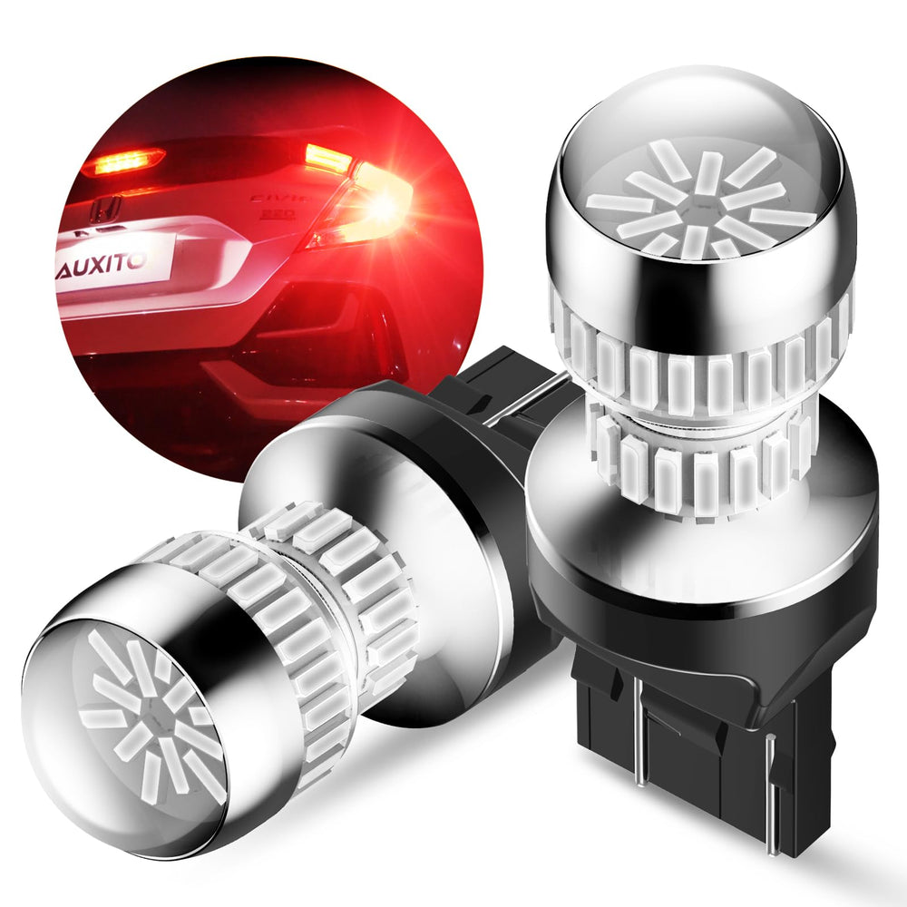 AUXITO front view of two 7443 LED bulbs showing packaging and pair benefit