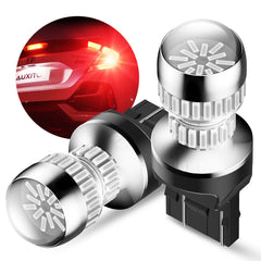 AUXITO front view of two 7443 LED bulbs showing packaging and pair benefit
