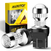 AUXITO front view of red 7443 bulbs showing compact plug-and-play design and safer visibility