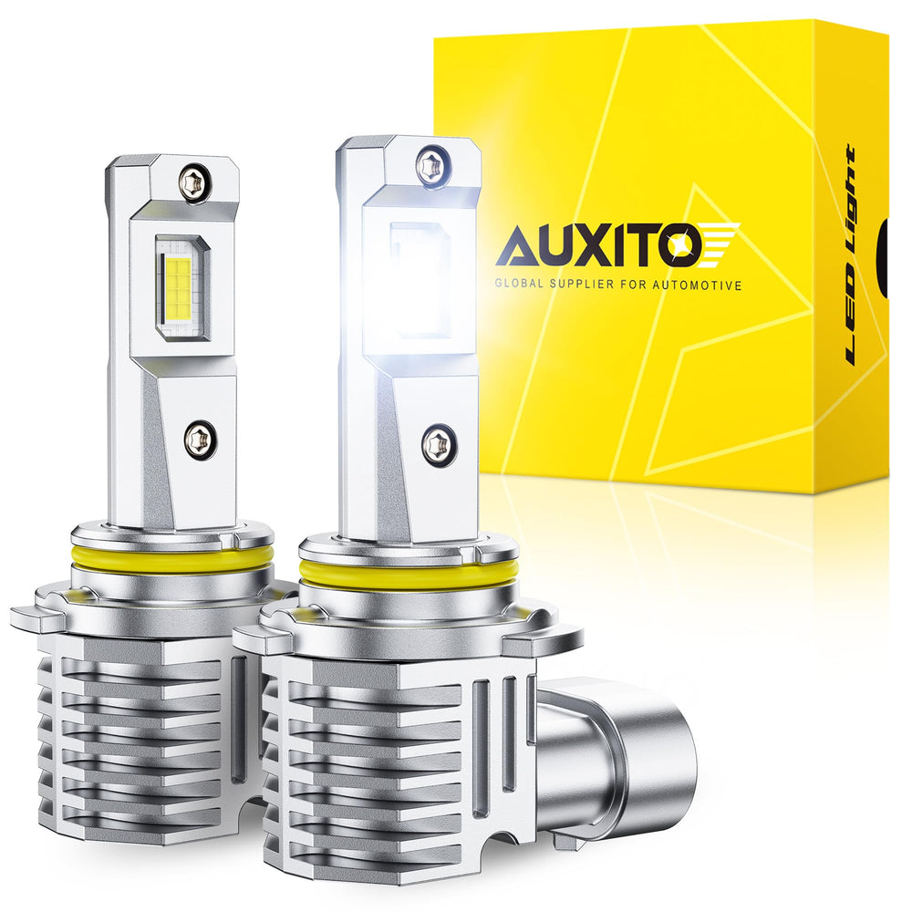 AUXITO front view of H10 9145 bulbs showing pack and connectors for easy installation benefit