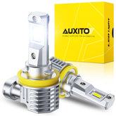 AUXITO H11 front view showing compact 1:1 mini fit and immediate brightness benefit