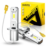 AUXITO H3 front view of two bulbs showing plug-and-play fit and bright output benefit