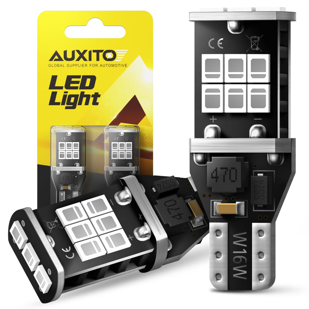 AUXITO red 921 bulb front view showing bright red LEDs for improved visibility