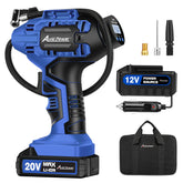 AVID POWER front view of cordless tire inflator showing compact design and carry bag for easy storage
