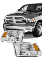 AXLAHA front view chrome headlight pair showing fit and finish for Dodge Ram