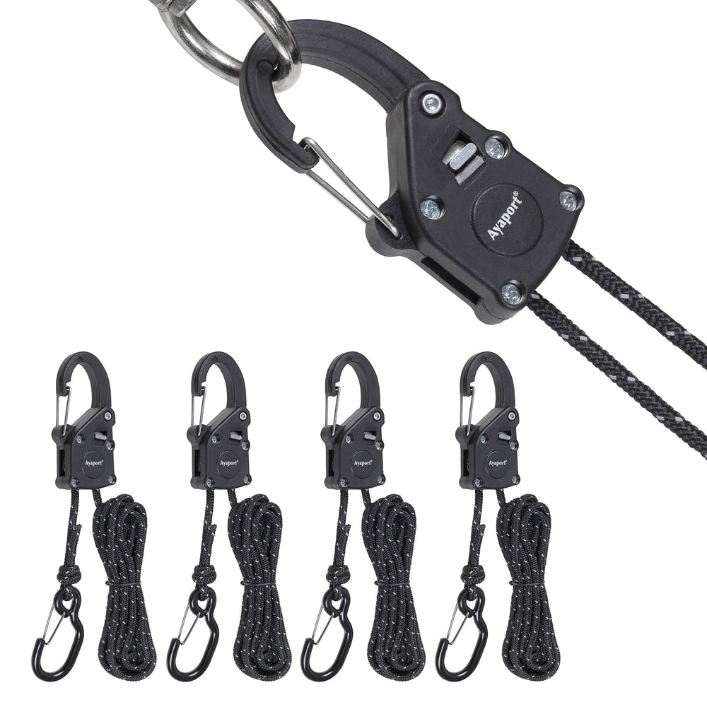 Ayaport front view showing four ratchet rope tie downs and packaging, clear product overview