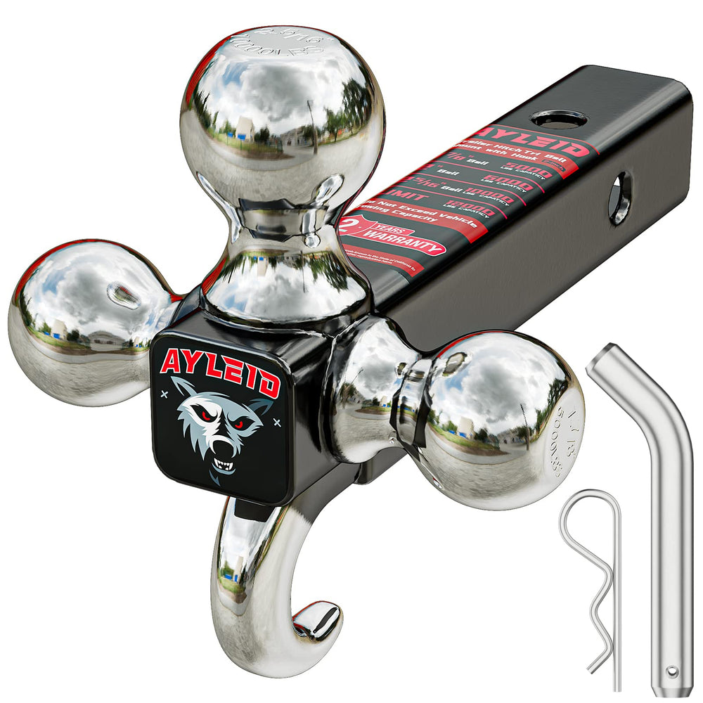 Ayleid tri-ball front view showing three hitch balls and benefits of versatility