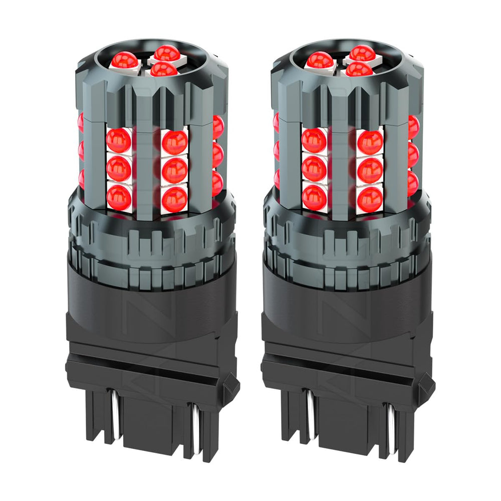 AZQOP front view of two red 3157 LED bulbs showing bright appearance and easy fit