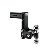 B&W front view of Tow & Stow showing dual-ball versatility and quick height changes