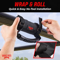Badass Moto handle installed on a UTV roll bar illustrating easy no-tools installation