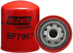 Baldwin BF7967 fuel filter front view showing durable canister and label, protects fuel system