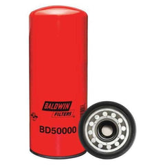 Baldwin spin-on oil filter front view showing label and compact size benefit