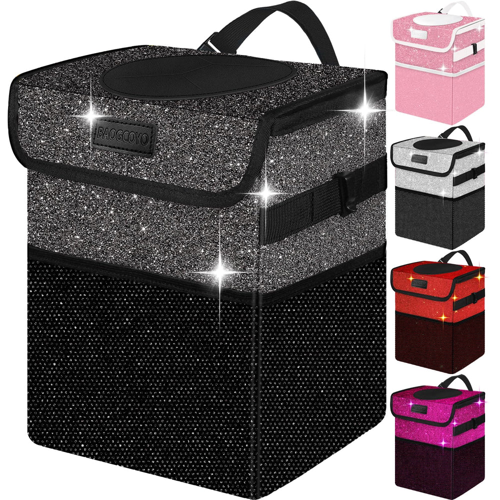 BAOGCOYO front view glitter trash can showing sparkle and compact design benefit tidy car
