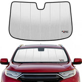 BasaltAuto front view of sun shade installed showing full windshield coverage and cooling benefit